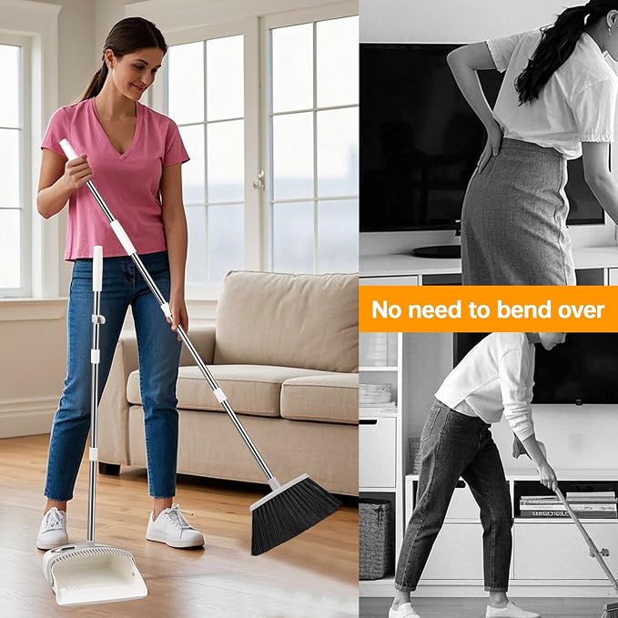 Broom with Dustpan Combo Set, Hand Broom and Dustpan Set for Sweeping Indoor Angle Broom for Home Office Kitchen Lobby Floor Pet Hair Indoor&Outdoor Cleaning (2-Pack-White)