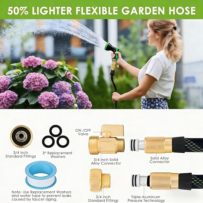 100ft Non-Expanding Garden Hose, 3/4" GHT Kink-Free Water Hose with 10 Function Nozzle, Flexible Outdoor Hose for Yard, Garden, Car Washing