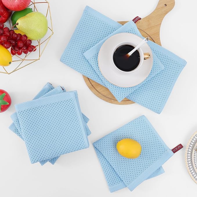 Homaxy 100% Cotton Waffle Weave Kitchen Dish Cloths 8-Pack, Sky Blue | 12 x 12 Inches, Ultra Soft Absorbent Dish Towels, Quick Drying Dish Rags with Hanging Loop