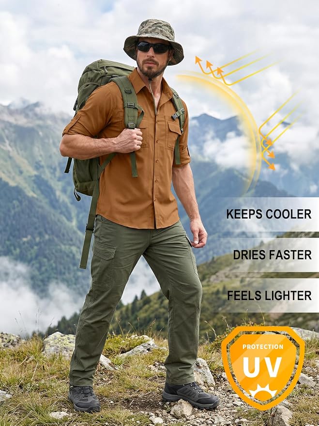linlon Men's Safari Shirt UV Sun Protection Long Sleeve Hiking Travel | Button Down Mesh Back Vents UPF 50+ Quick Dry Breathable Cool Lightweight Outdoor Travel Fishing Gardening Clothes