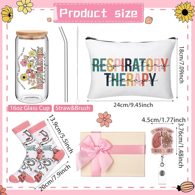 Skylety 5 Pcs Respiratory Therapist Gifts for Women | 16oz Glass Cup Socks Cosmetic Bag Badge Reel, RT Appreciation Gift Box, Respiratory Therapist accessories, Nurse Doctor Gift