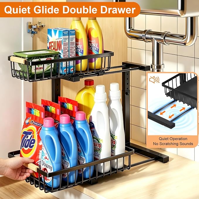 REALINN Under Sink Organizer, Adjustable 2 Tier Pull Out Kitchen Bathroom | cabinet organizer, 5 level adjustable, quiet sliding rails, dual suction and nano tape, no drill, rust resistant holds 50 lbs