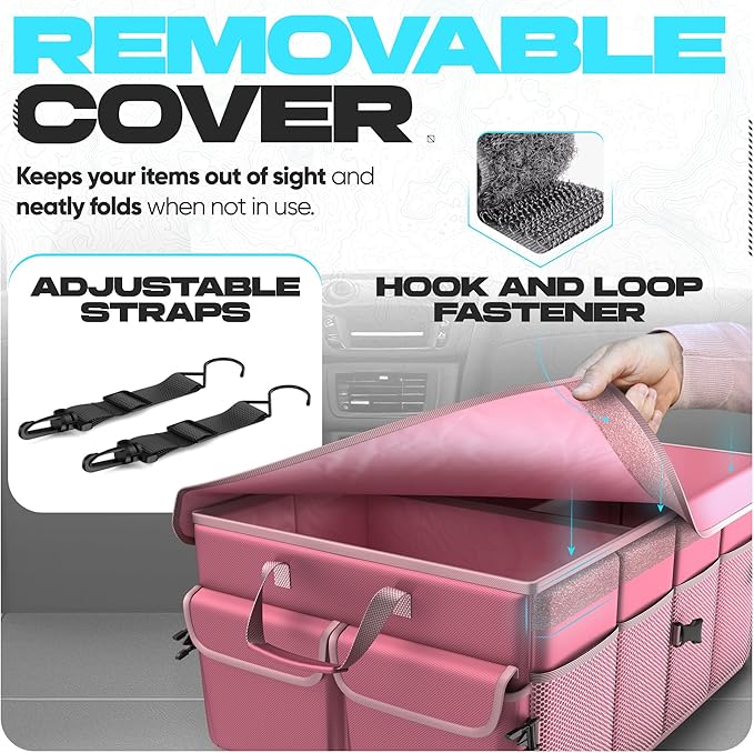 FORTEM Trunk Organizer - Foldable Car Organizer & Storage for SUVs & Trucks | Car Accessories for Men Women, Collapsible Bag, Non Slip Bottom, Straps, Soft Cover, 600D Oxford, Pink, 3 Compartments, 65L