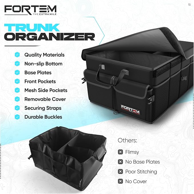 FORTEM Trunk Organizer - Foldable Car Organizer & Storage for SUVs & Trucks | Car Accessories for Men Women, Collapsible Bag, Non Slip Bottom, Straps, Soft Cover, 600D Oxford, Black, 3 Compartments, 50L