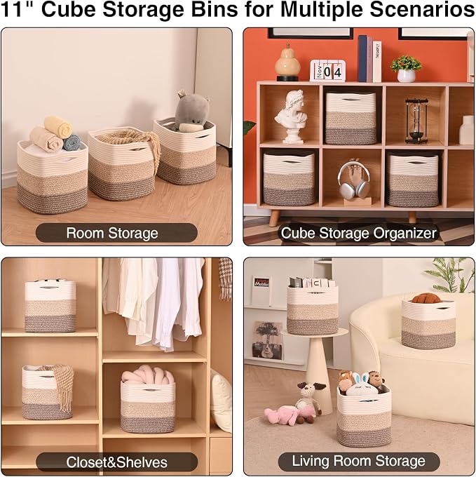 11 Inch Cube Storage Bins, Organizing Bins for Cube Organizer, Storage Baskets for Organizing, Woven Storage Basket for Shelves, Cotton Rope Baskets for Storage, Gradient Brown (Pack of 3)
