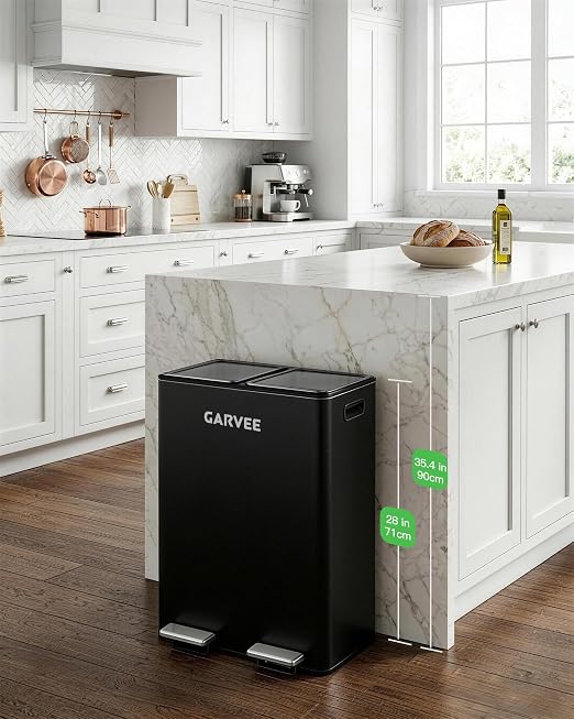 Garvee 16 gal Dual Compartment Stainless Steel Trash Can with Inner Buckets | Step Pedal Trash Can, Heavy Duty Recycling Bin with Lid & Step Pedal, for Kitchen, Office, Home, Commercial Use，Black