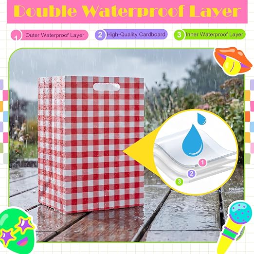 Hushee 4 Pcs 13 Gallon red Plaid Disposable Pop up Trash Cans for Parties | Cardboard Garbage Can with Handles, Trash Bags, Clip, Collapsible Trash Cans, Portable Gingham Trashs Bins for Event, Kitchen