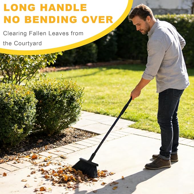 Large Angle Brooms Indoor Outdoor Broom with Long Handle Stiff Bristle Sweeper for Kitchen Garage Deck Courtyard Lobby Patio Lawn Leaves (Black)