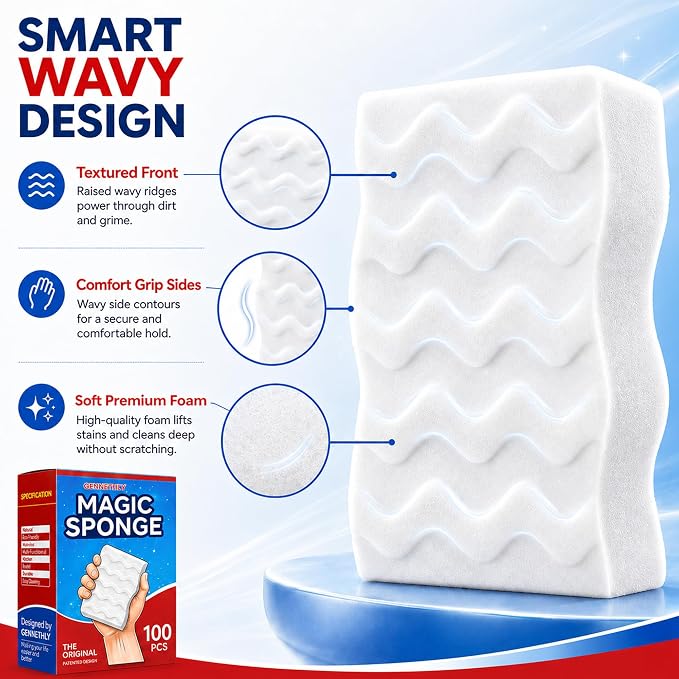 3X Density Magic Sponge Eraser, 100 Pack Cleaning Sponge for Kitchen & Bath | 3X density foam, Extra durable sponge, Ergonomic wavy grip, Deep cleaning power, Multi-surface cleaning, 100 pack value