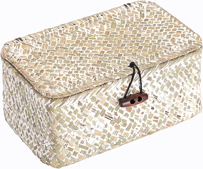 Hipiwe Mini Seagrass Shelf Basket with Lid Decorative Woven Box, 7x4.3x3.3" | Wicker Storage Bins for Shelf Home Decor, Multipurpose Desktop Basket Organizer for Keys Remote Control, Whitewash