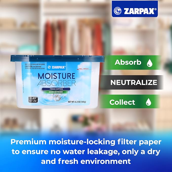 ZARPAX Moisture Absorber Fresh Cotton 6.5 oz/185g | Removes Moisture, Damp & Humidity | Odor Absorber With Fresh Cotton Fragrance | Moisture Trap for Bathroom, Closet, Kitchen | Set of 15