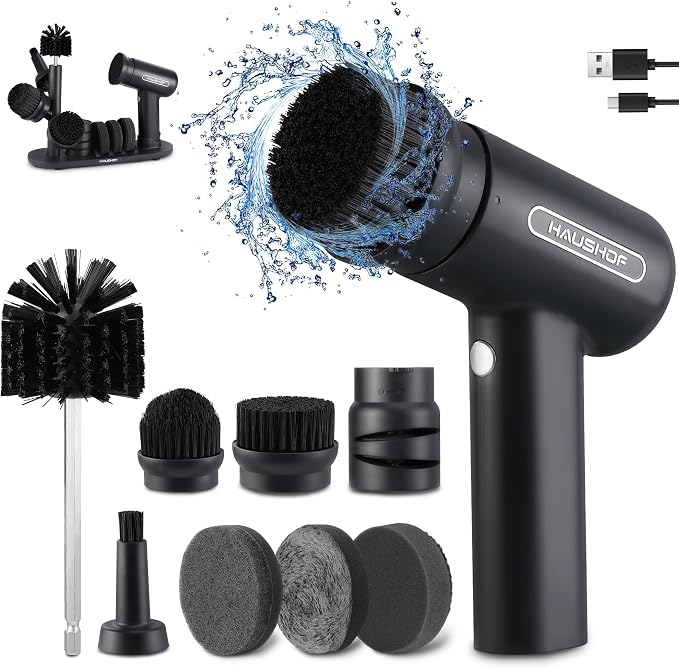 HAUSHOF Cordless Spin Scrubber with 8 Replaceable Heads & 3 Speeds | 7 Replaceable Brush Heads & 1 Knife Sharpener, Storage Design, Max 1000 RPM, for Cleaning Dishes, Kitchen, Sink, Bathroom