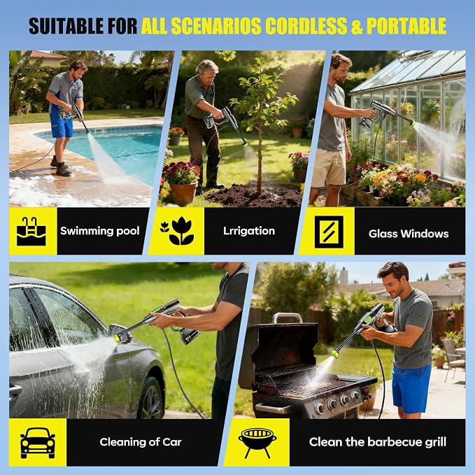 YKYI Cordless Pressure Washer 1200PSI, Portable Power Washer with 30 speeds | High Pressure, 4000mAh Batteries, 21V Brushless Motor, 24FT Hose & 6-in-1 Nozzle for Car, Driveway, Garden, Patio & Fence