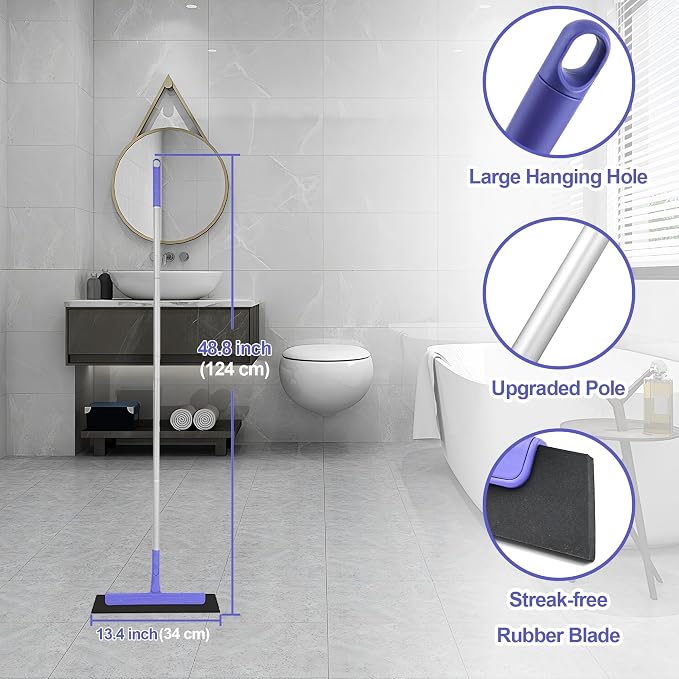 Floor Squeegee Broom, 13" EVA Foam Blade with 48" Aluminum Long Handle | 180° Swivel Floor Squeegee for Floor Home Kitchen Shower Glass RV Bathroom Tile Pet Hair Water Foam Tight-Spaces Cleaning
