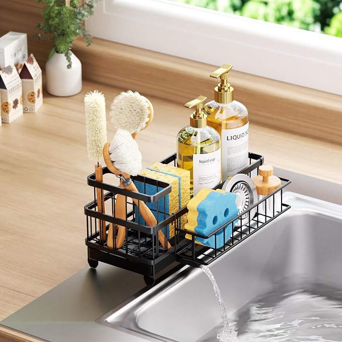 Consumest Sponge Holder for Kitchen Sink - Auto Draining Sink Caddy Organizer with Detachable Rack, High Brush Holder, Kitchen Countertop Storage Accessories, Black-Extra Large