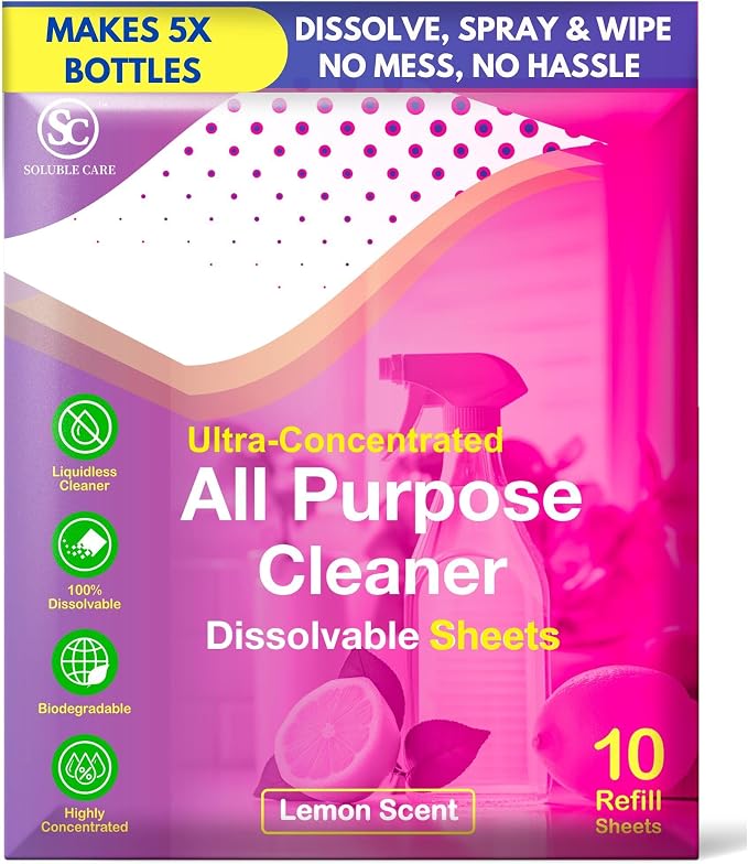 All Purpose Cleaner Sheets: Lemon Scent, Makes 5 Bottles | Ultra-Concentrated, Multi-Surface, Earth-Friendly Cleaner for Kitchen, Bathroom, Home & Office, 10-Pack + Bonus Sample Pack