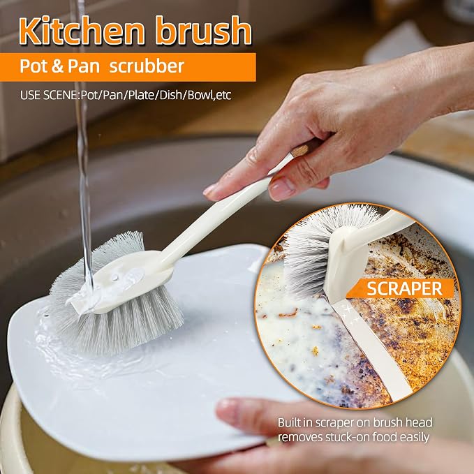5-Pack Heavy Duty Scrub Brushes Set with Wooden Handles | Multi-Surface Scrubber for Kitchen,Bathroom,Tile & Grout,Includes Spherical,Triangle,Square & Dish Brush for Stubborn Stains