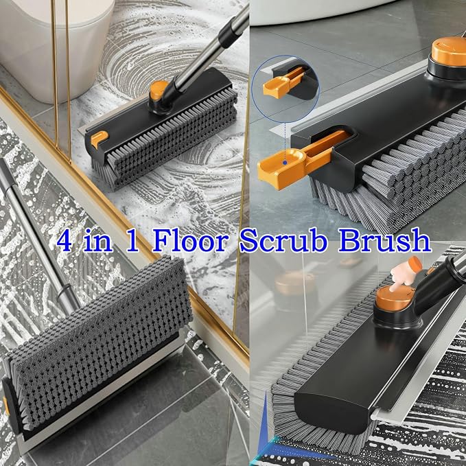 Floor Scrub Brush with Squeegee Long Handle 3 in 1 tub Brush 52'' 2026 Upgraded Multi-Functional Stiff Bristle Cleaning Scrub Brush Rotating Tile Brush for Cleaning Bathroom Patio, Pool, Garage