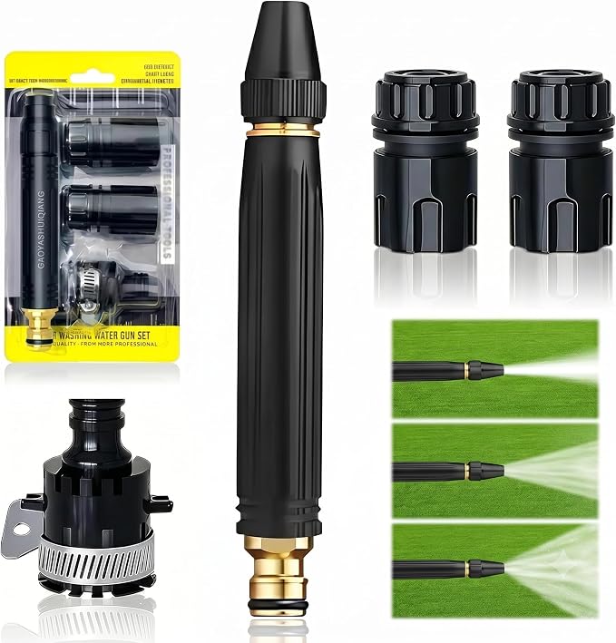 Heavy Duty Adjustable Garden Hose Nozzle, High Pressure Jet Spray, Metal Sprayer for Car Wash, Lawn, Patio Cleaning, Leak-Proof Design