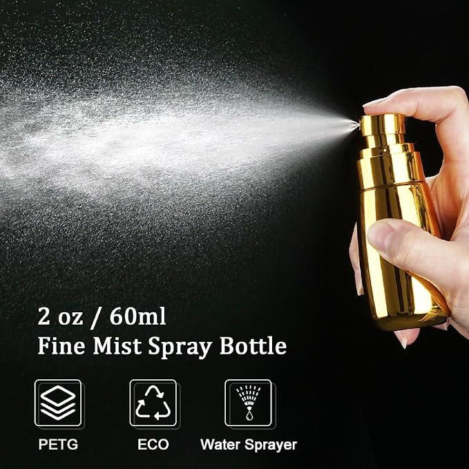 Travel Spray Bottle 3 Pack 2oz 60ml Gold+Pink+Clear | Leak Proof, TSA Approved, Fine Mist, Empty Plastic Refillable Containers, For Hair Perfume Toners Rose Water Cosmetics