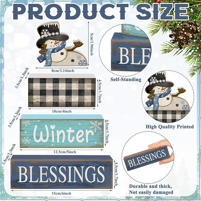 Moucuny 4 Pcs Winter Snowman Wooden Signs Farmhouse Tiered Tray Decor | Buffalo Plaid Snowman Design, Shelf Decor for Kitchen Living Room, Rustic Centerpiece, Winter Blessings for Farmhouse