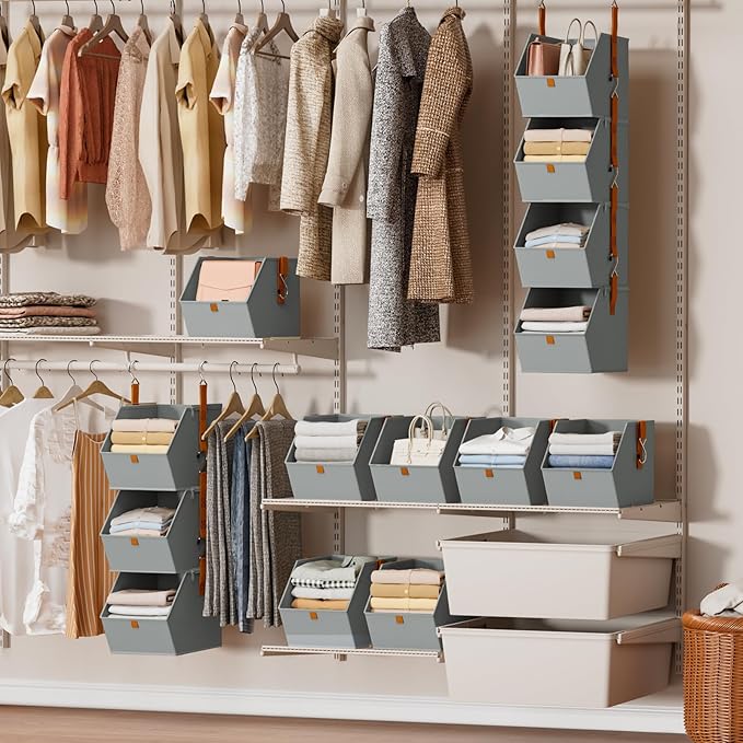 Hanging Closet Organizer 4 Tier - Clothes Hanging Shelves, Space-Saving Closet System, Fabric Storage Bins Bedroom Organization, Collapsible Baskets for Home, Dorm, Rv, Grey