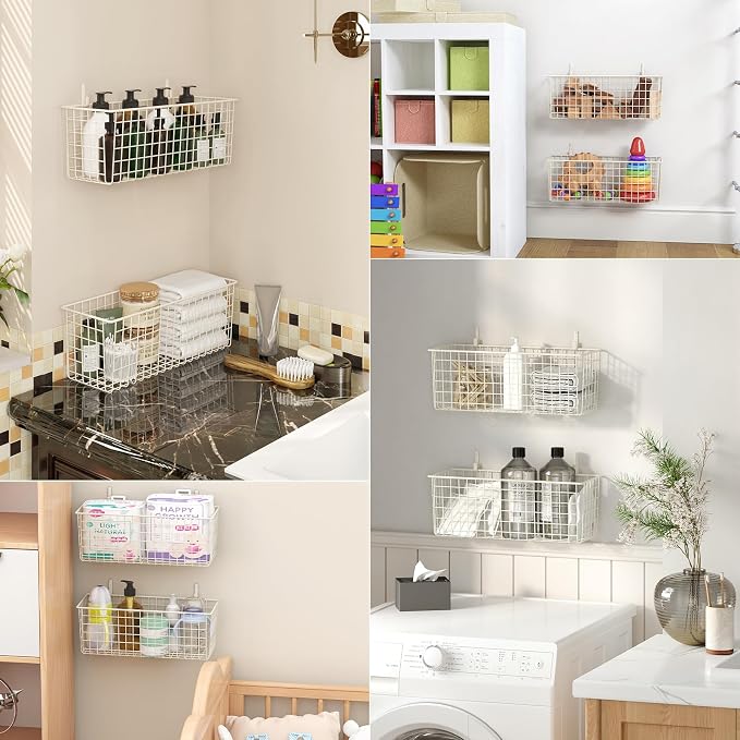 2 Sets White Extra Large Hanging Wall Basket with Steel Hooks | Metal Wire Baskets for Organizing, Wallmounted Fruit Vegetable Toy Snack Storage, Home Kitchen Bathroom Laundry Pantry