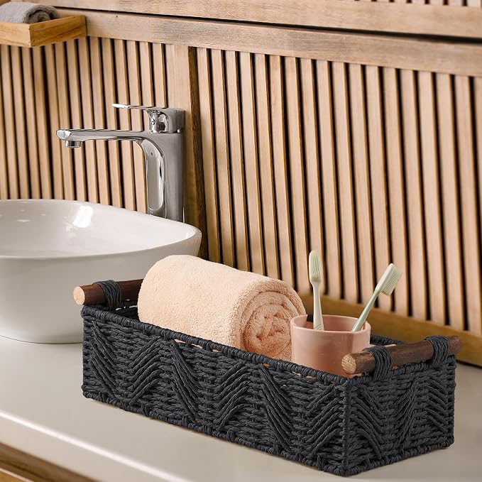Toilet Paper Storage Basket for Bathroom Countertop Baskets for Organizing | With Handle for Bathroom Bedroom Home Decor Small Basekt for Shelves Apartment Countertop Use,Black