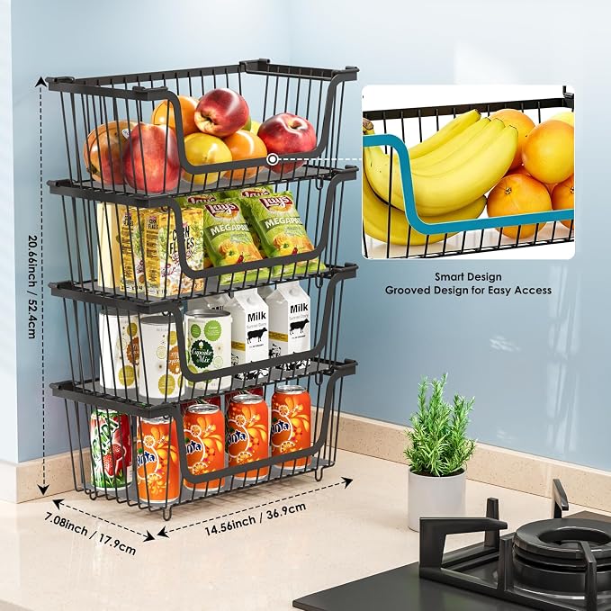 4 Pcs Stackable Wire Baskets Pantry Organizers and Storage Bins,Black | Breathable Metal Design with Rotating Handle,Idea for Potato Onion Fruit Snack Veggie Kitchen Countertop Freezer Organization