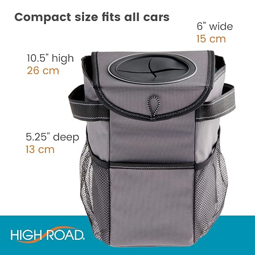 High Road StashAway Heavy Duty Car Trash Can with Rubber Lid | Gray Car Garbage Can with 3 Storage Pockets and Sturdy Panels - Sits Behind the Console or Hangs from the Headrest