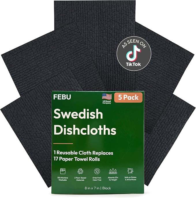 FEBU Swedish Dishcloths for Kitchen, 5 Pack, Solid Black | Reusable Paper Towels Washable, Swedish Dish Towels, Non-Scratch Cellulose Sponge Cloths