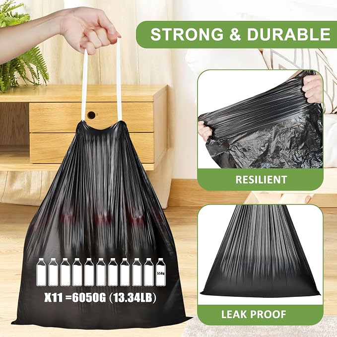6 Gallon Trash Bags Drawstring, 132 Count, Black | 22.5 Liter, Bathroom Trash Can Bin Liners, Plastic Garbage Bags for home office kitchen