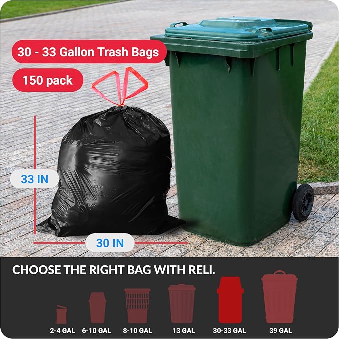 Reli. 30 Gallon Trash Bags Drawstring | 150 Count | Black | 30 Gallon Garbage Bags Heavy Duty | Large 30 Gal | 30 Gal Garbage Bags Heavy Duty | Large