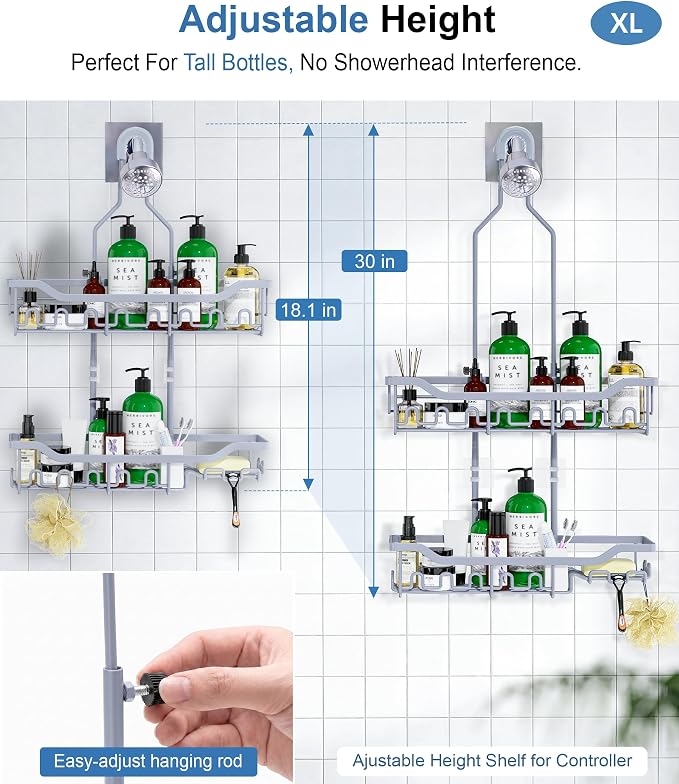 Shower Caddy Hanging Organizer, Extra Large Rack Over Showerhead with Hooks, Adjustable Height Shower Caddy for Big Shampoo Bottle, Grey