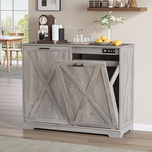 Double Tilt Out Trash Can Cabinet, Wooden Farmhouse Kitchen Garbage Bin Enclosure with Negative Ion Odor Control, Hidden Dog Proof Trash or Laundry Basket Storage for Laundry Room, Grey