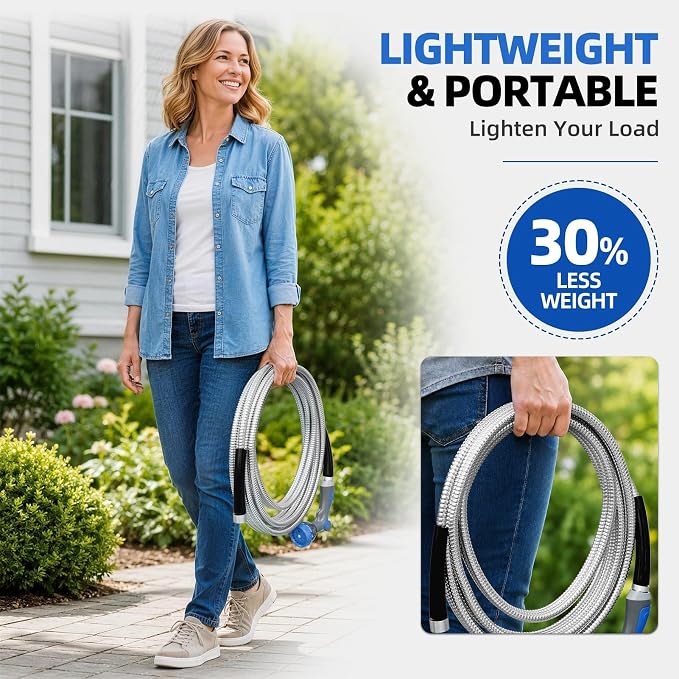 SPECILITE 125ft 304 Stainless Steel Metal Garden Hose with Blue Nozzle | Puncture Resistant, Flexible, Never Kink & Tangle, Heavy Duty Water Pipe for Yard, Outdoor, Lawn