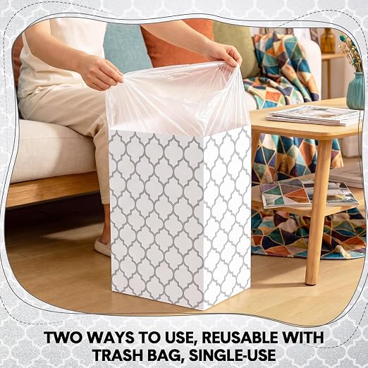 Domensi 4 Pcs 13 Gallon Disposable Trash Cans for Parties Gray White Grid | Foldable Cardboard Trash Cans, 15.75 x 11.81 x 9.84, Collapsible Garbage & Recycling Bins for Wedding, Events