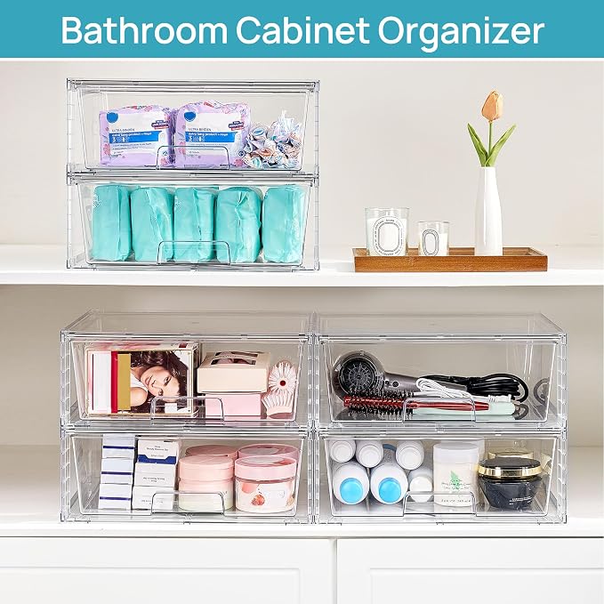 Vtopmart 8 Pack Large Clear Stackable Storage Drawers for Closet, Pantry | Easily Assemble Bathroom Closet Undersink Organizers,Plastic Bins for Cabinet,Kitchen Pantry,Medicine Organization