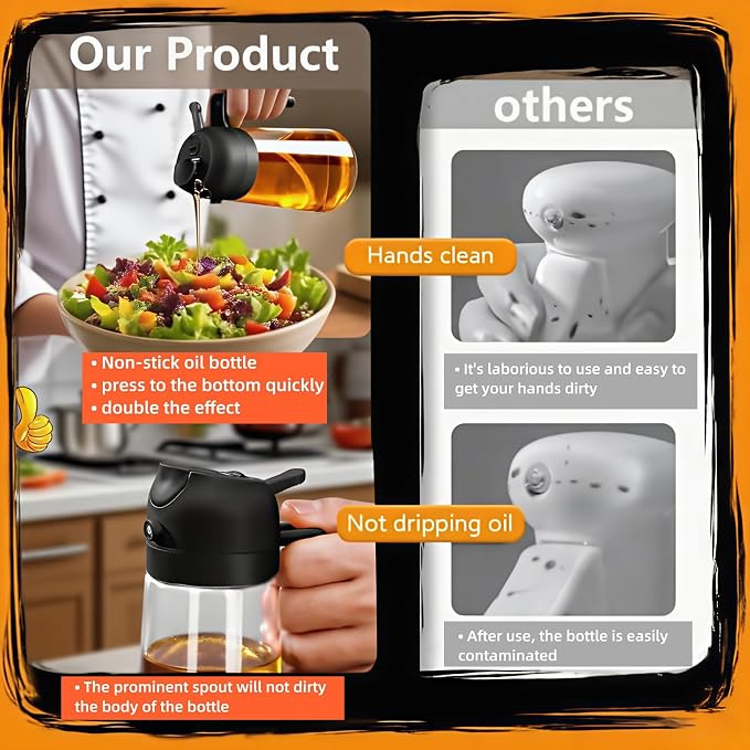 2 in 1 Oil Sprayer for Cooking, 16oz/470ml | Oil Dispenser for Kitchen Gadgets, Premium Food-Grade Oil Bottle, for Salad, Air Fryer, BBQ
