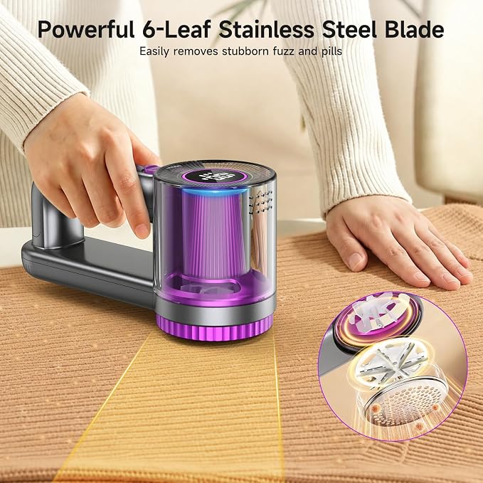 Powerful Fabric Shaver for Clothes, Safe Lint Remover with 2 Extra Replacement Blades, LED Display, Rechargeable 3-Speeds Sweater Shaver for Wool, Cashmere, Knits & Furniture
