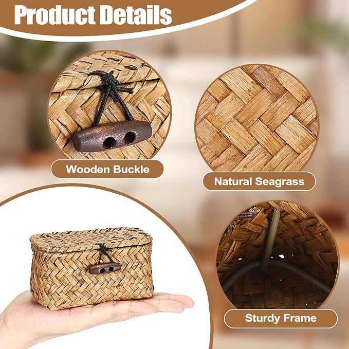 Hipiwe Handwoben Seagrass Basket With Lid Wicker Storage Baskets Decorative Shelf Basket Mini Desktop Organizer, Caramel 4.3" x 2.5" x 2.1"