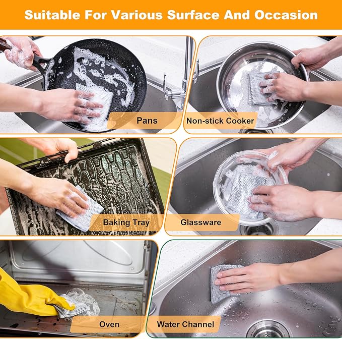 Inkhut Non Scratch Wire Dishcloth, Multipurpose Wire Dishwashing Rag for Wet and Dry, Multifunctional Dish Rags for Washing Dishes, Reusable Steel Wool Scrubber for Kitchen Cleaning