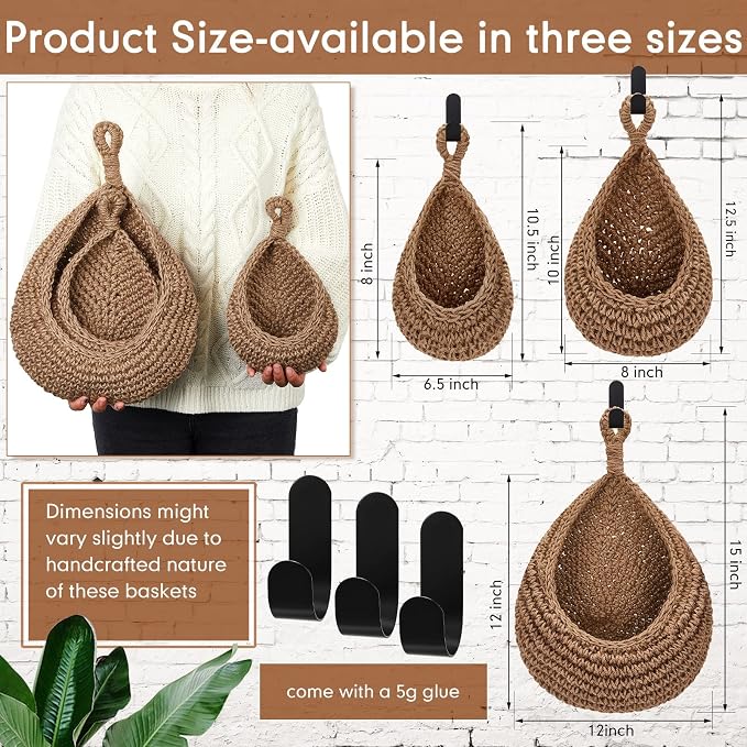 3 Hanging Baskets,Linen,Teardrop,Jute | Wicker Wall Baskets with Hooks for Fruit Vegetable Onion Storage, Teardrop Organizer for Kitchen, Boho Farmhouse Decor