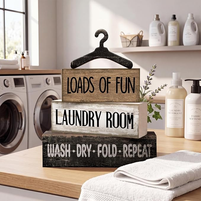 Moucuny 4 Pcs Laundry Room Decor Wooden Signs Rustic Farmhouse Block | Wash Dry Fold Repeat Text, Laundry Shelf Decor, Tiered Tray Centerpiece, Rustic Farmhouse Style with Hanger Accent