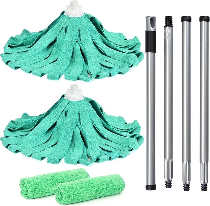 Matthew Microfiber Cloth Mop Compatible with Ceda Mop Refill Commercial Replacement 54" Stainless Steel Handle with 2 Wet Mop Heads w/1 Handle Incl.2Pcs Microfiber Towels-Green
