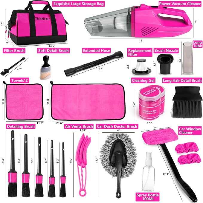 ThinkLearn Car Cleaning Kit with High Power Car Vacuum Detailing Kit | Cute Pink, 8000Pa Suction, 15ft Long Cord, 24piece Set, Interior Cleaning Deep Cleaning, Car Accessories Gift For Women