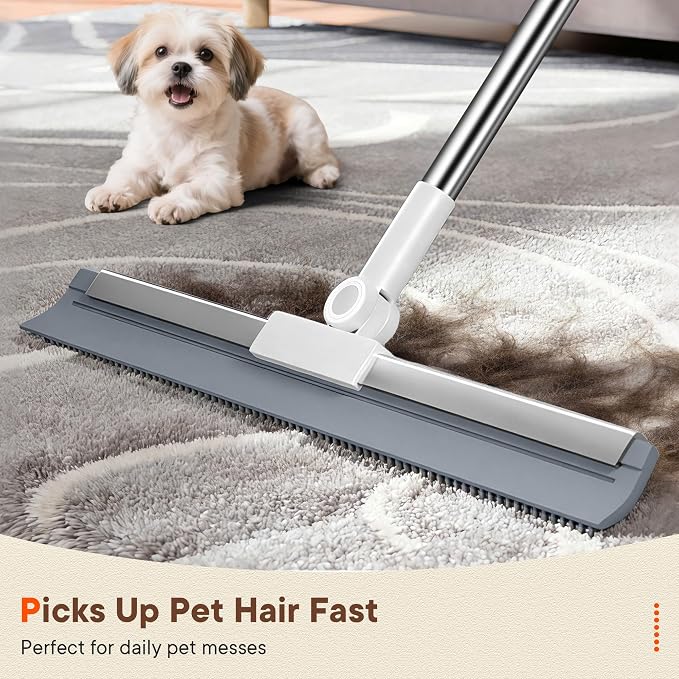 Floor Squeegee Broom with Rubber Scrubbing Teeth, 16 Inch 2-in-1 Magic Broom with 54 Inch Telescopic Long Handle, Shower Floor Squeegee for Bathroom, Kitchen, Tile, Concrete, Pet Hair