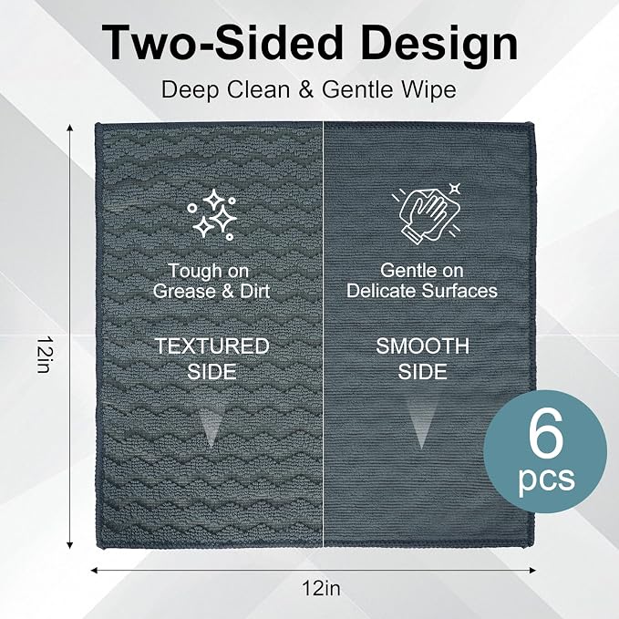 Dual-Sided Microfiber Cloths, 12x12 Lint-Free 6-Pack | Zig-zag side traps grease, soft side polishes. Streak & lint-free for home/auto. Stain-hiding grey, washable 12x12 6-pack.