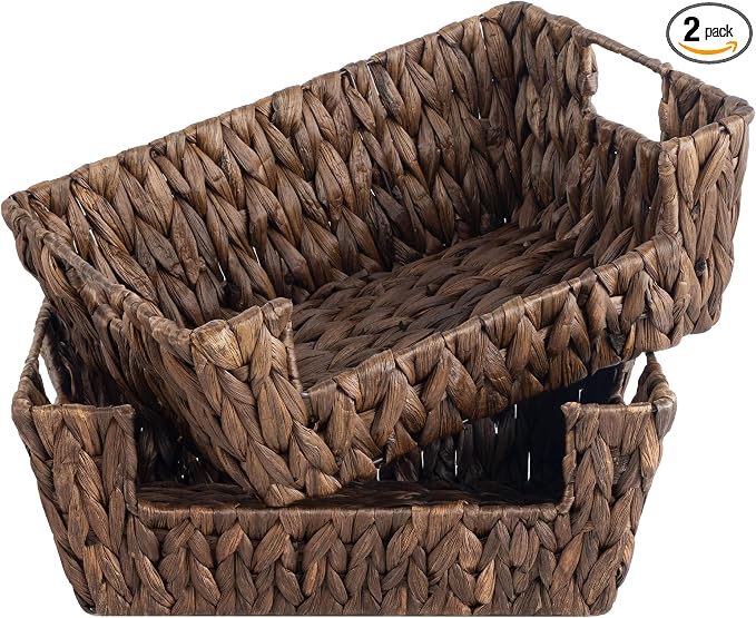 StorageWorks Pantry Baskets for Organizing, Hyacinth Wicker Storage Baskets | Wicker Storage Baskets for Shelves, Rattan Basket with Handles for Home Storage, 2 Pack Decorative Woven Baskets, Brown