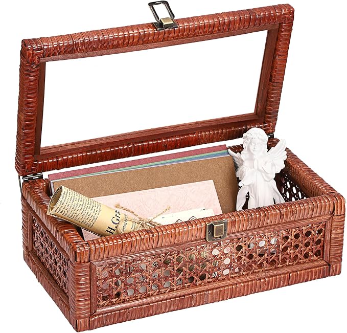 Hipiwe Rattan Storage Box with Lid Vintage Wood and Cane Display Box, Brown | Decorative Shelf Basket for Home Decor, Rectangular Basket Organizer Bin for Bathroom, Kitchen Countertop